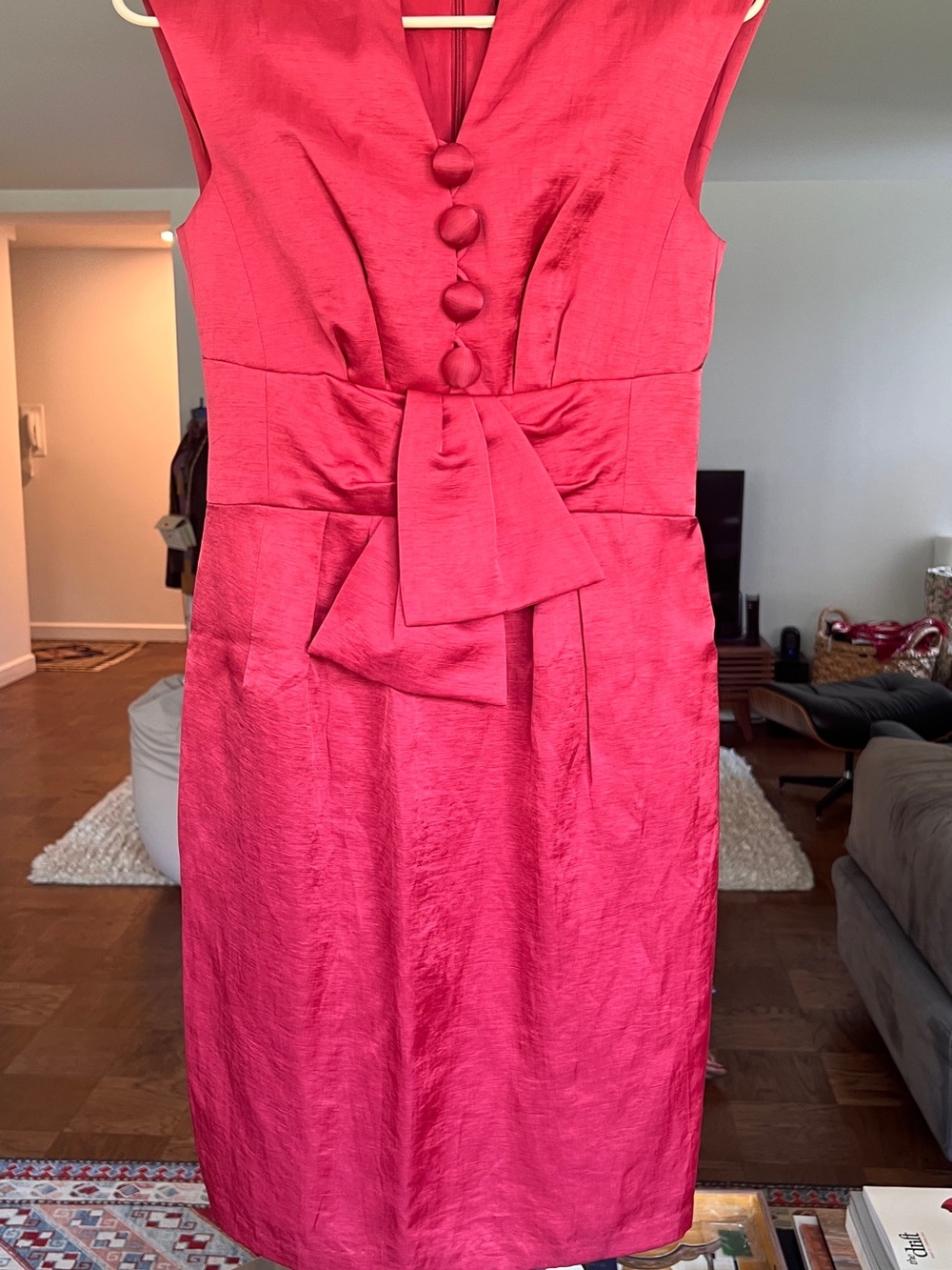 Nanette Lepore Hot Pink Satin Sheath Dress with Waist Bow